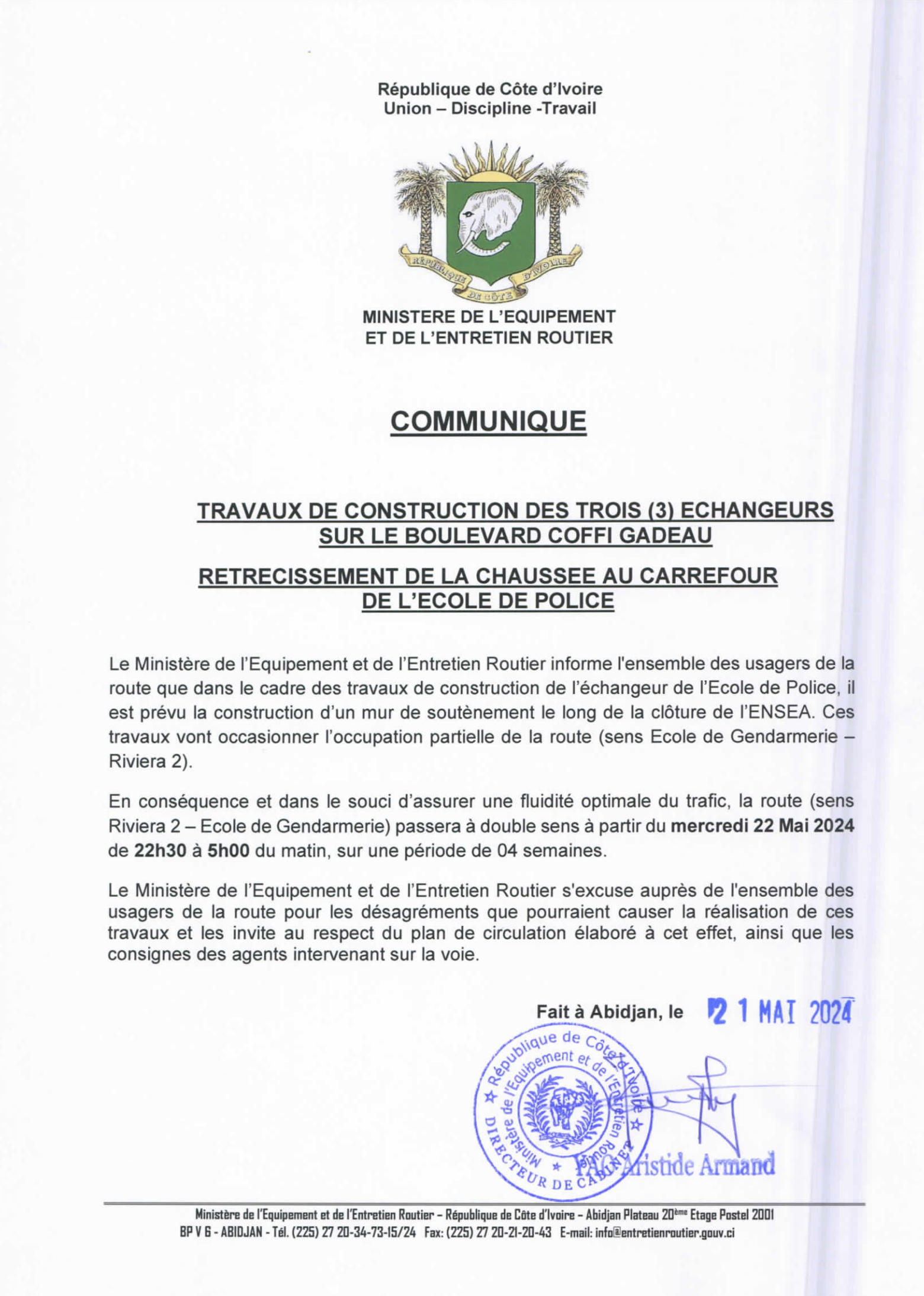 CONSTRUCTION DE 3 ECHANGEURS - TRAVAUX DE NUIT AU CARREFOUR ECOLE DE POLICE ET BASCULEMENT DU TRAFIC